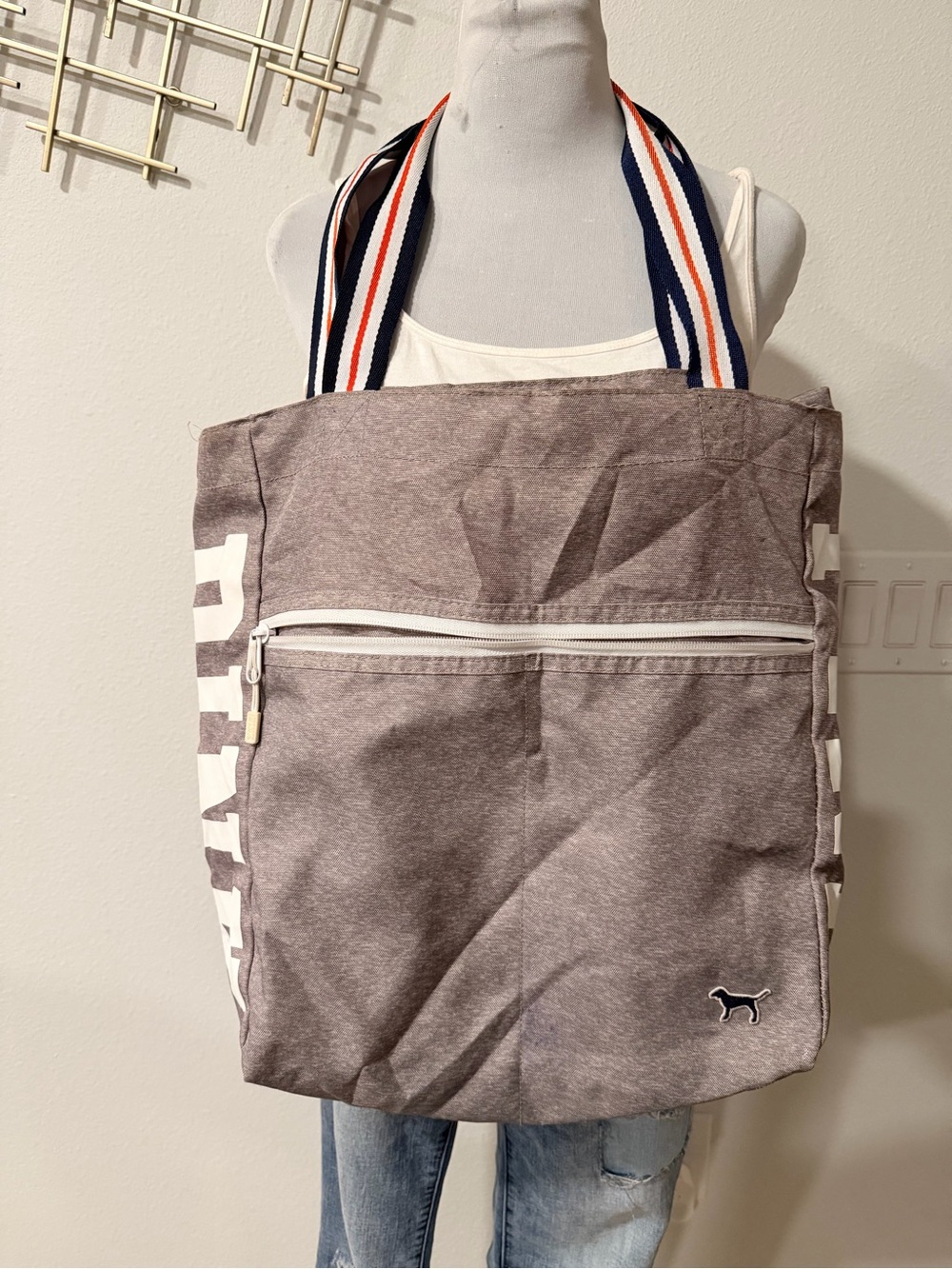 PINK by Victoria’s Secret Striped-Handle Gray Tote Bag by- Casual Everyday Carry